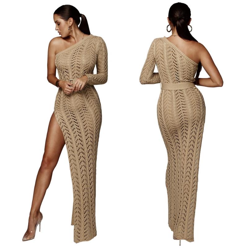 

Casual Dresses Summer Long Crocheted Beach Dress Sexy High Slit Knitted One Shoulder Hollow Out Vestidos Women Crochet White Beavhwear, Black;gray