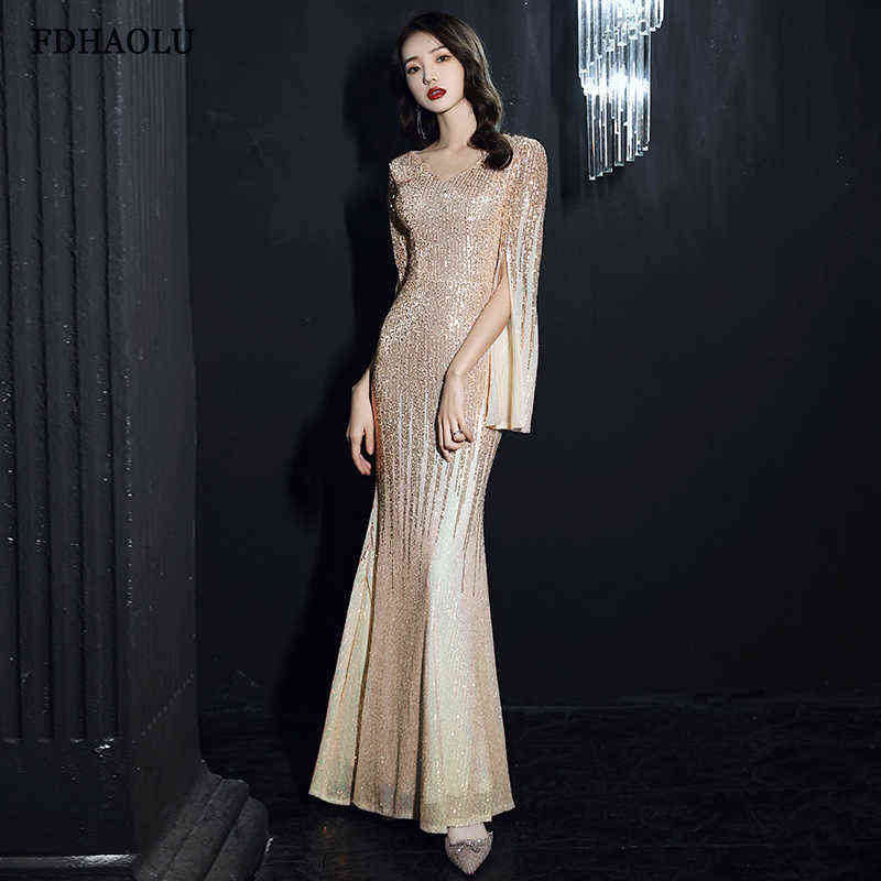 

FDHAOLU FU78 Long Prom Dresses V-Neck Sequin Vestidos De Fiesta Largos Elegantes Gala Mermaid Sexy 220609, Champagne