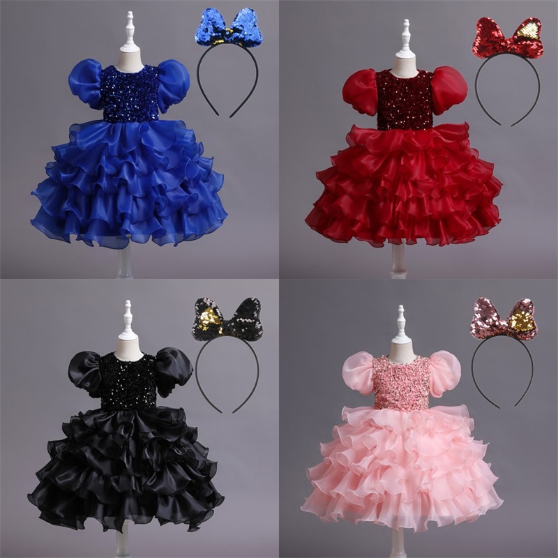 

Baby Girl's Princess Dresses Puff Sleeve Sequins Kids Cake Skirt Organza Children Dinner Dress Performance Clothing Tuxedo With Headdress 312 E3, Red