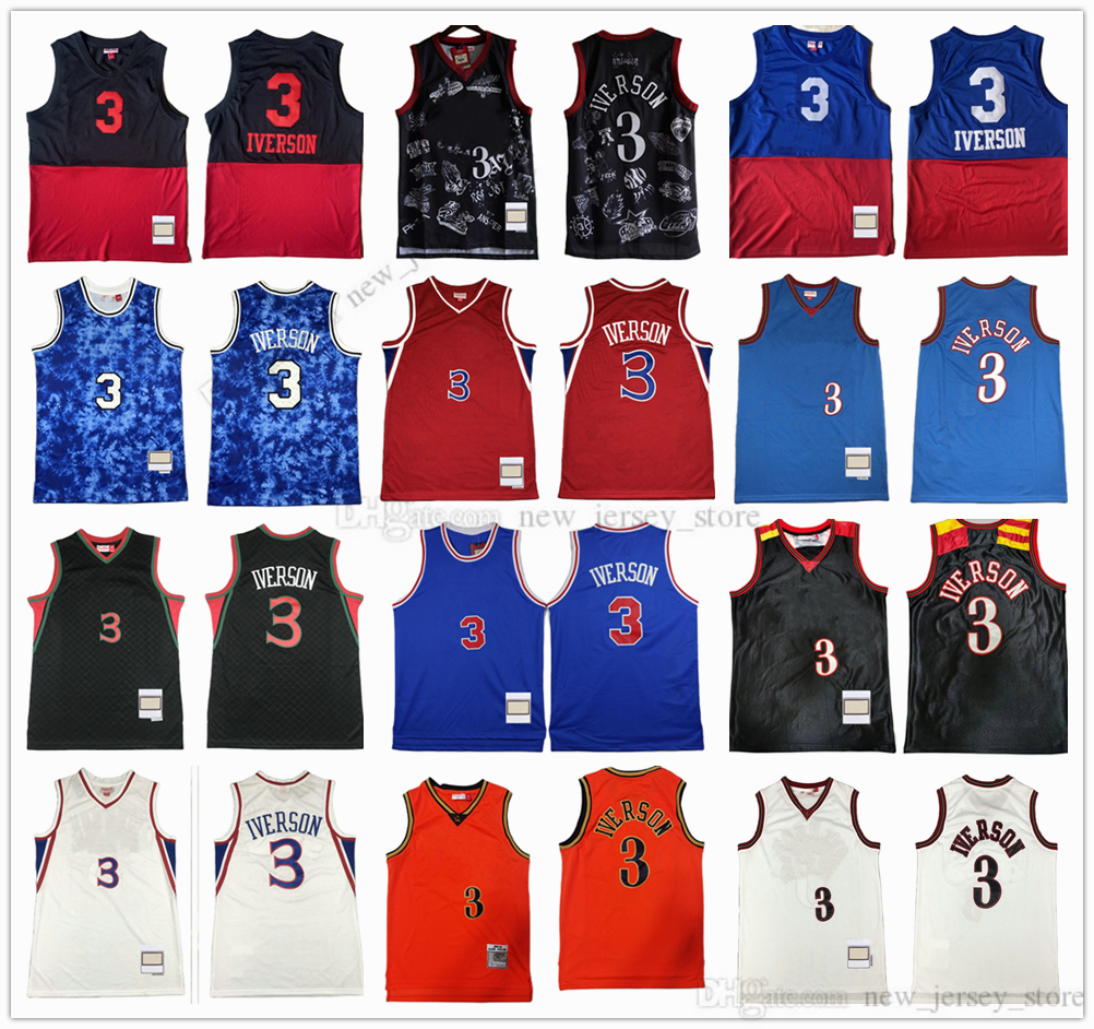 

Mitchell and Ness Basketball Allen 3 Iverson Jerseys Retro Stitched 1997-98 Black White 1996-97 Blue Red 2003 All-star Jersey Shorts, As picture (with team logo)