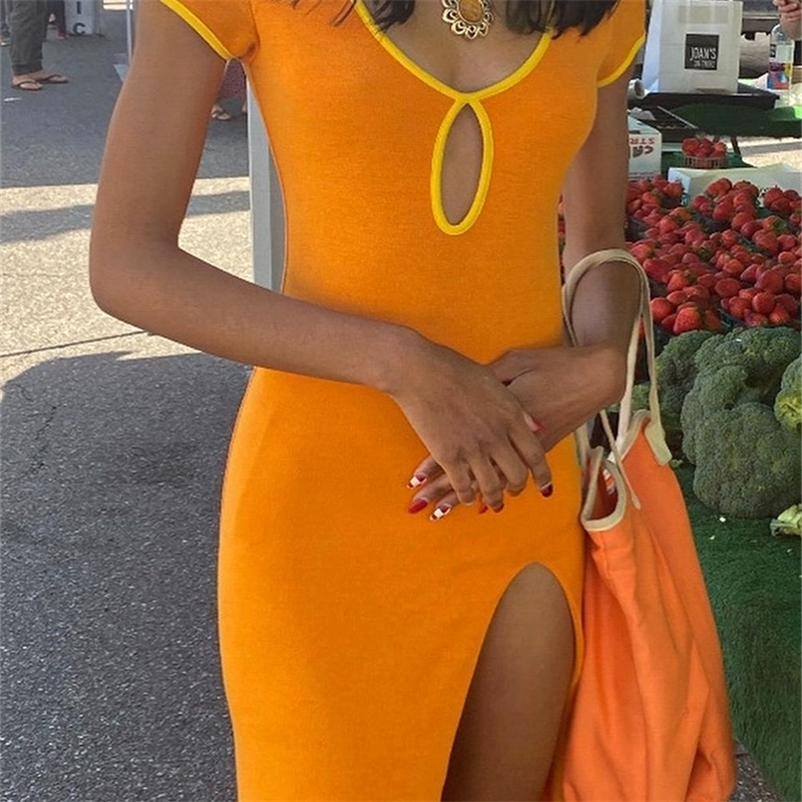 

FSDA Summer Split Hollow Out Midi Dress Bodycon Short Sleeve Sexy Club Patchwork Y2K Orange Women Dresses Party 220614