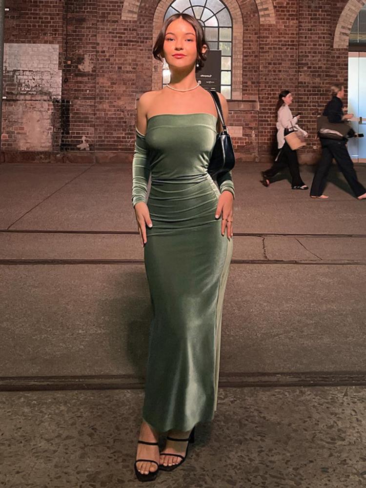 

Casual Dresses Elegant Off Shoulder Long Sleeve Backless Velvet Tube Maxi Dress For Women 2022 Sexy Strapless Club Evening Party Bodycon Out, Green
