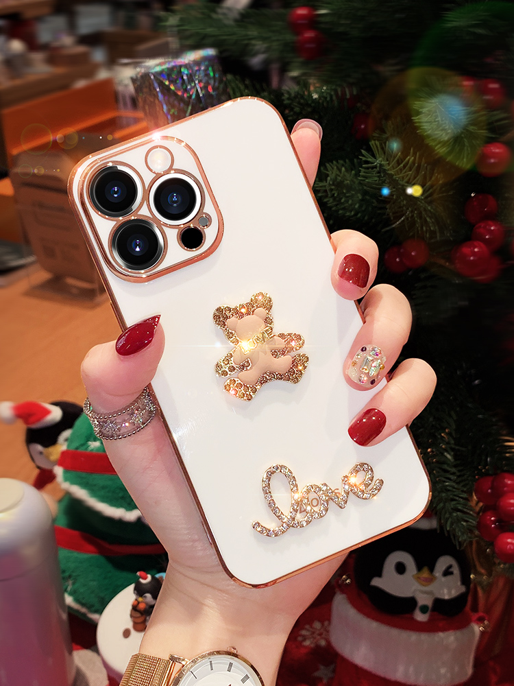 

Electroplate Cute 3D Glitter Bling Rhinestone Bear Soft Case For iPhone 11 12 13 Pro Max XR X XS 7 8 Plus Luxury Love Back Cover, Purple