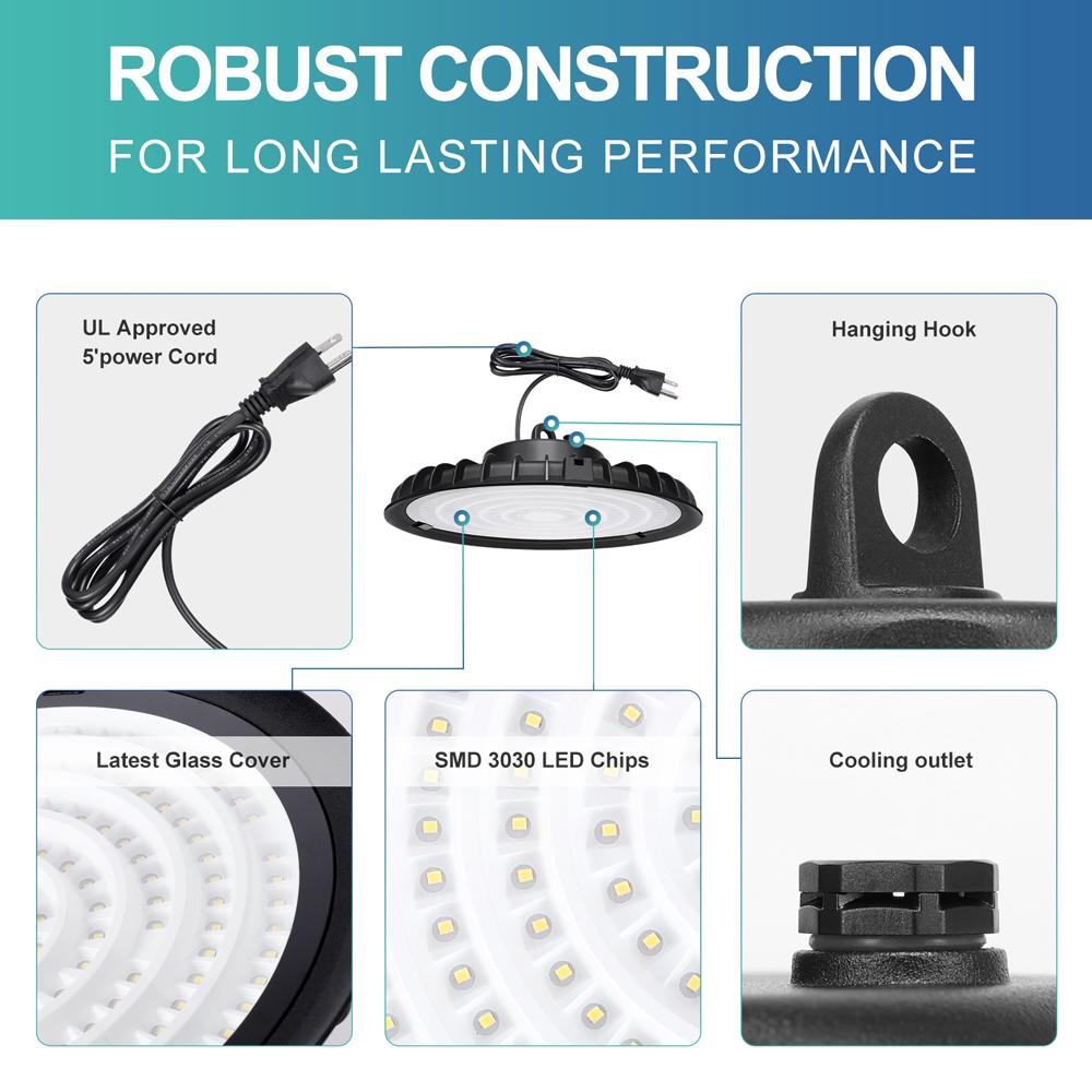 

UFO LED High Bay Light 100W 200W 300W US Hook 5 Cable Industrial
