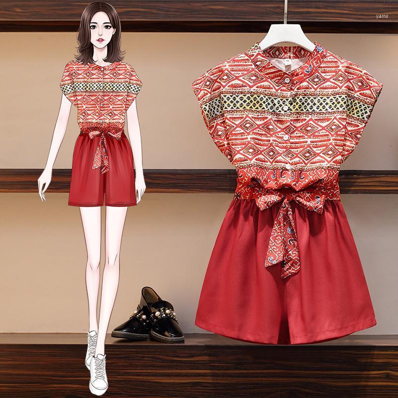 

4xl Plus Size Women's Clothing Fashion 2 Piece Set Summer Top And Pants Casual Tracksuit For Women Tracksuits, Red suit