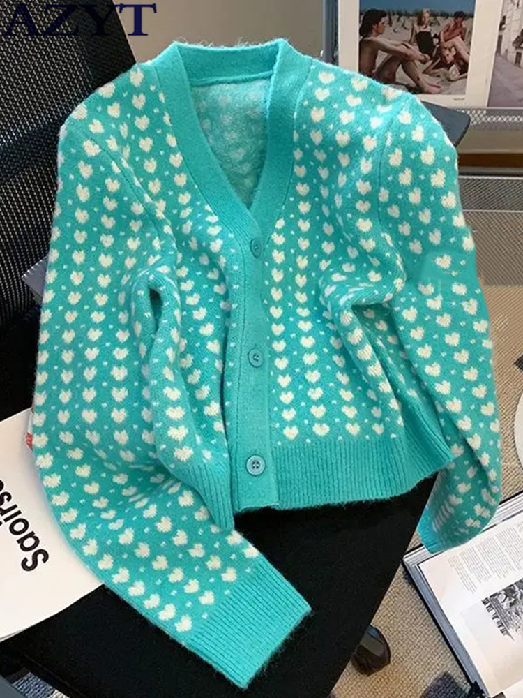 

All Match Soft Knit Female Cardigan Fashion Love Print Women Sweater Cardigan 2022 Autumn V Neck Knitwear Pull Femme Tops, Green