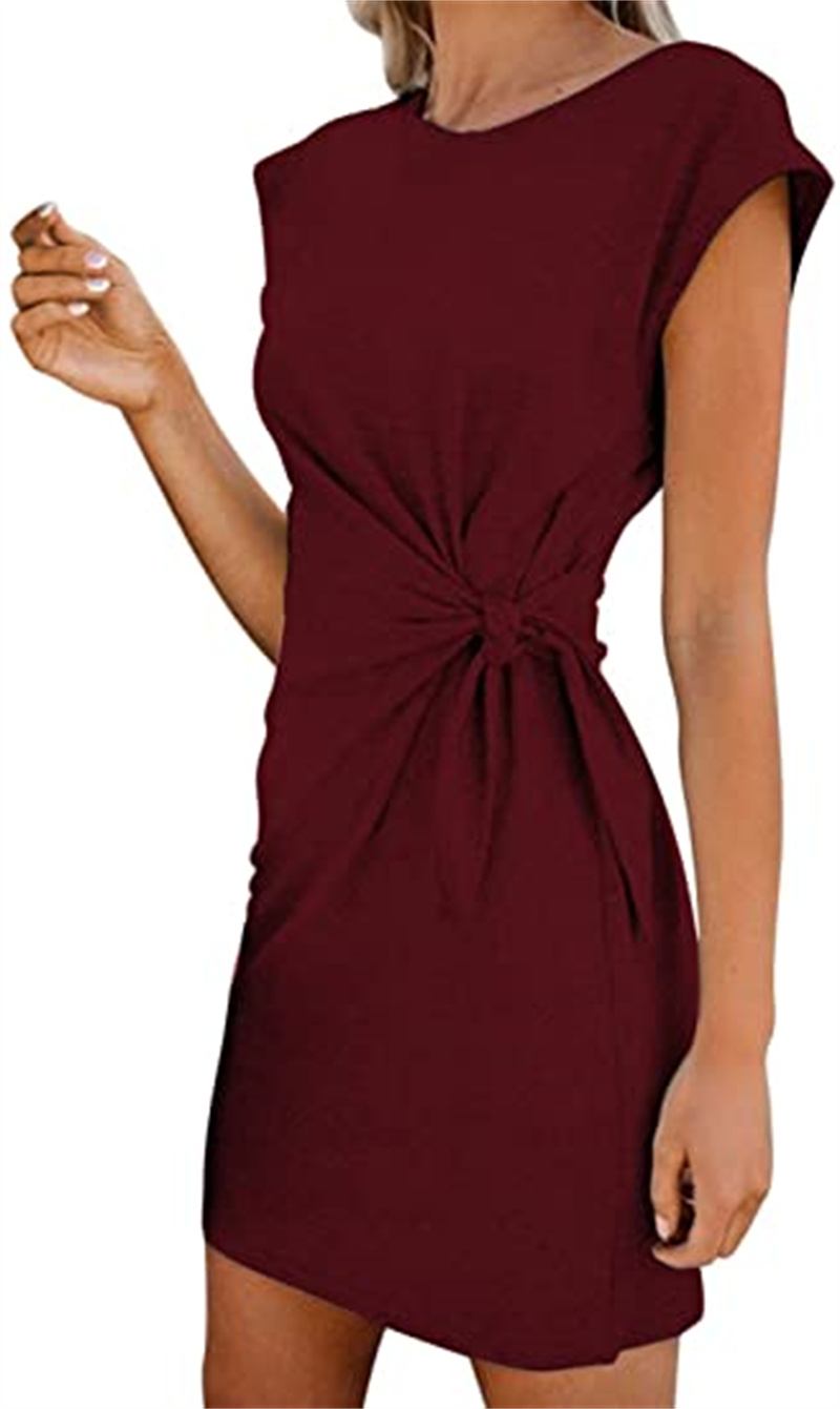 

Tops & Tees Women's casual tight-fitting belted waist cover sleeve cotton T-shirt dress, Customize