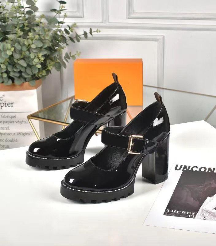 

Thick heel Dress shoes fashion Designer leather lady high heels 100% cowhide Round head Metal Belt buckle women letter high heeled boat, Black+bright lacquer leather