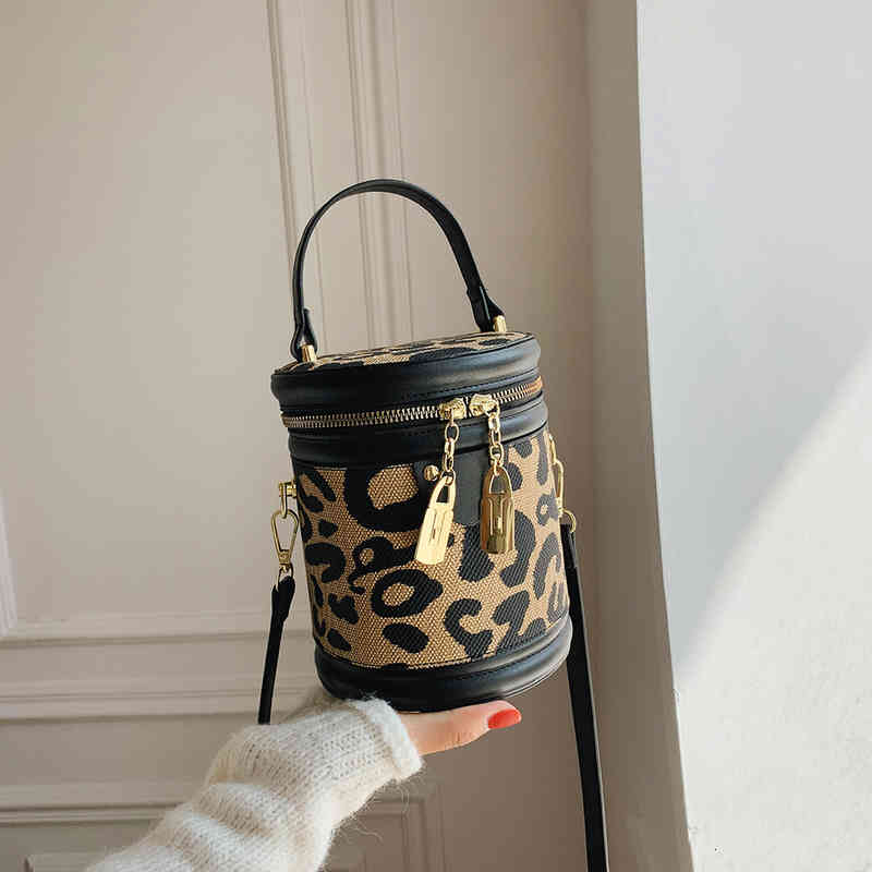 

Luxury Fashion Cylinder One-shoulder Women Floral Print Brand Designer Barrel Bucket Crossbody Bag Ladies Bolsas De Mujer, Leopard