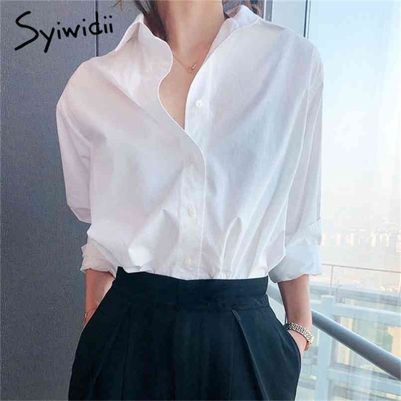 

White Blouse Plus Size Clothing For Women Cotton Shirts Korean Fashion Vintage Long Sleeve Office Lady Loose Tops 210607