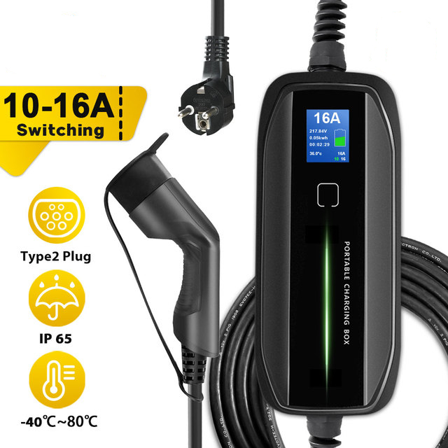 

EVSE Electric Car Vehicle Type 2 Portable EV Charger Charging Box Cable 3.6KW Switchable 10/16A Schuko Plug with 6M Cable