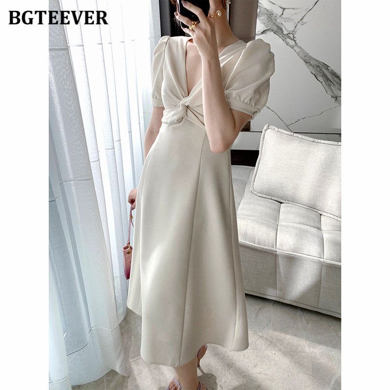 

Elegant V-neck Knotted Women Dress 2021 Summer Fashion Puff Sleeve Slim Waist Female Midi Dress Ladies Vestidos, Black