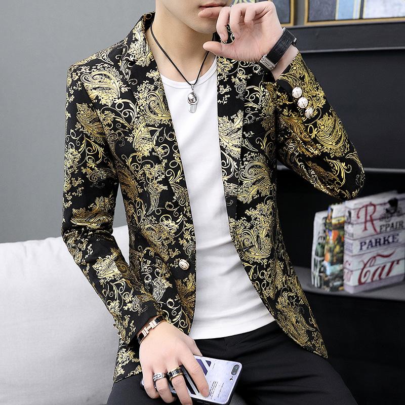 

Men's Suits & Blazers Gold Cashew Flowers Printed Luxury Men Slim Fit Silver Stage Costumes For Singers Mens Fashionable Jackets Unusual 202