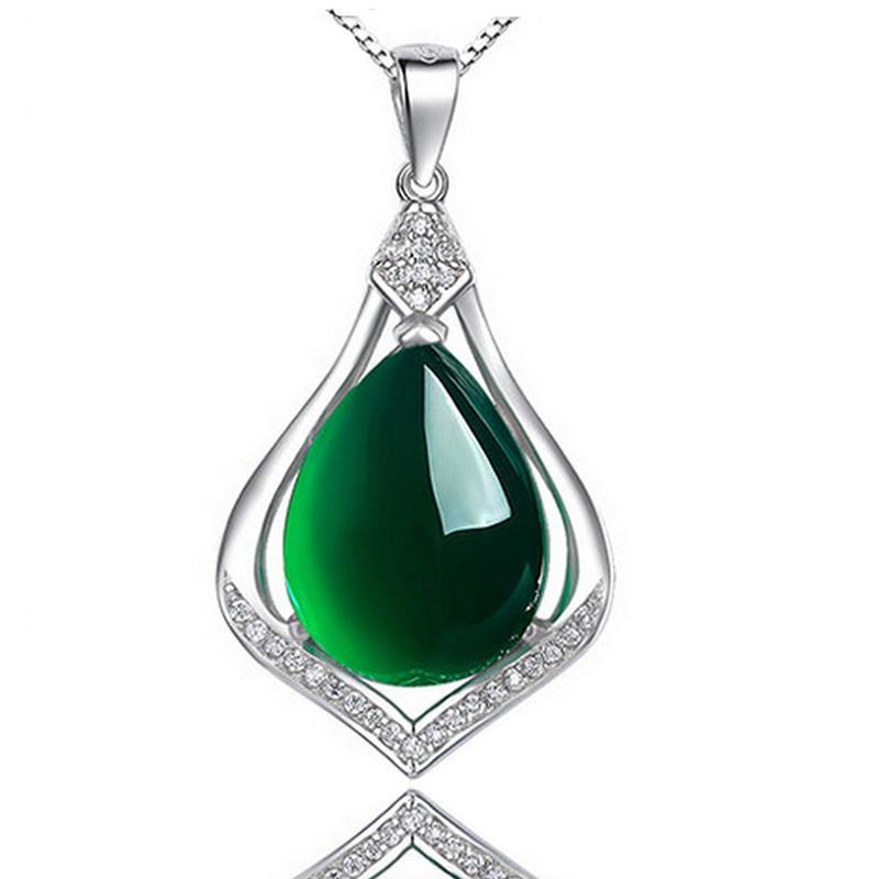 

Pendant Necklaces Sterling Silver Color Necklace For Women Natural Emerald Water Drop Green Jade Agate Gemstone Collier Femme JewelryPendant