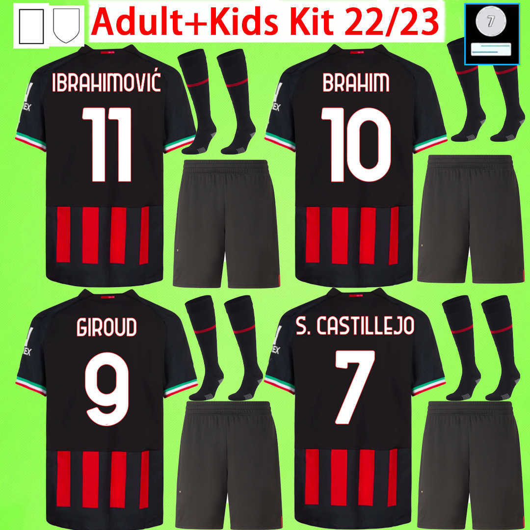 

Adult Kids kit with shorts and socks Milan Soccer Jerseys boys sets GIROUD 2022 2023 ac BRAHIM KESSIE THEO REBIC 22 23 IBRAHIMOVIC children, 22/23 home kit with socks