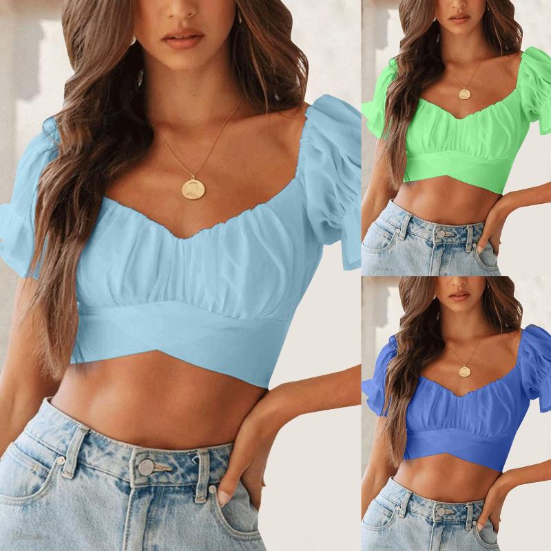 

Women' Blouses & Shirts Summer Sexy Women Slim Crop Top Tees V Neck Shirt Low Cut Short Sleeve Solid Female Teenage Girls Femmes Cross Wrap, Green