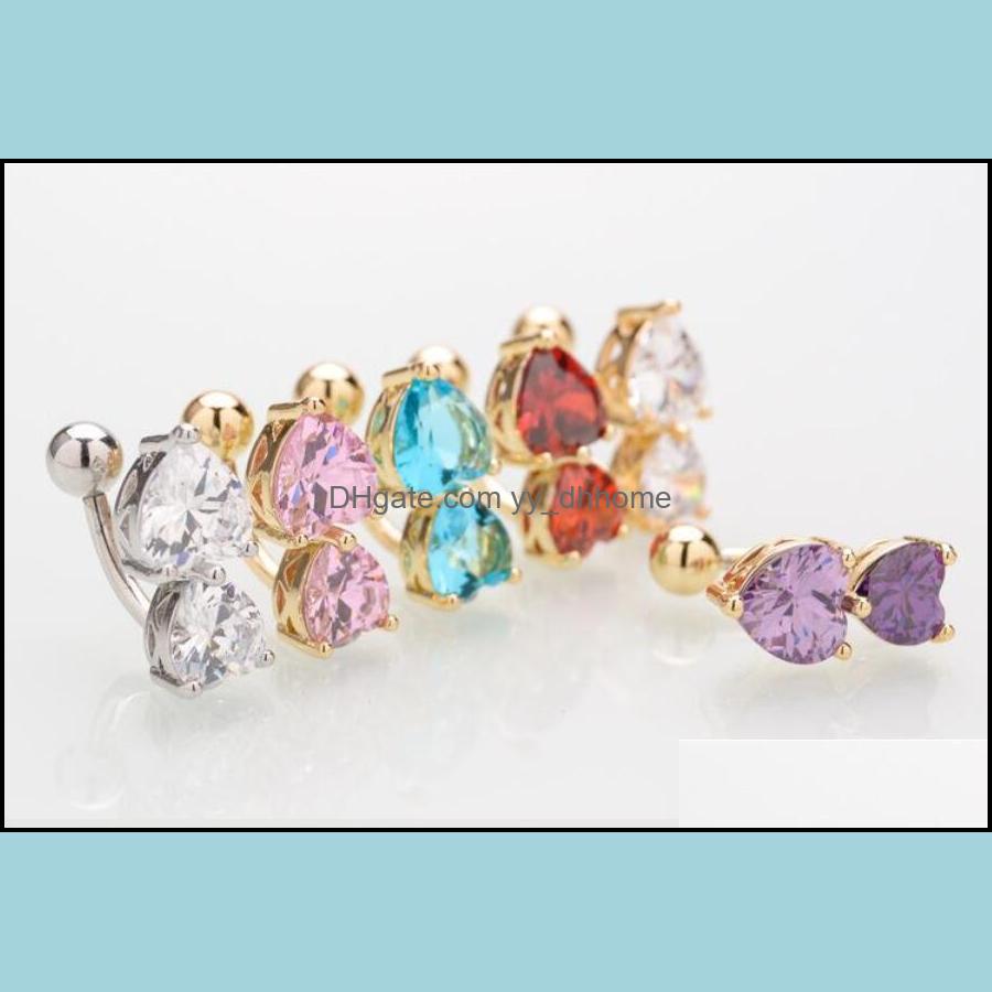 

Navel Bell Button Rings Body Jewelry 6 Colors Reverse Crystal Bar Belly Ring Gold Piercing Two Heart Pierce 10Pcs Epacket Drop Delivery 20