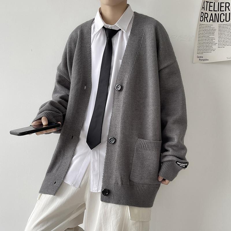 

Men's Sweaters Cardigan Men College Knitwear Basic Autumn Loose Trendy Handsome All-match Leisure Plus Size Pockets Simple Pure Color Haraju, Black