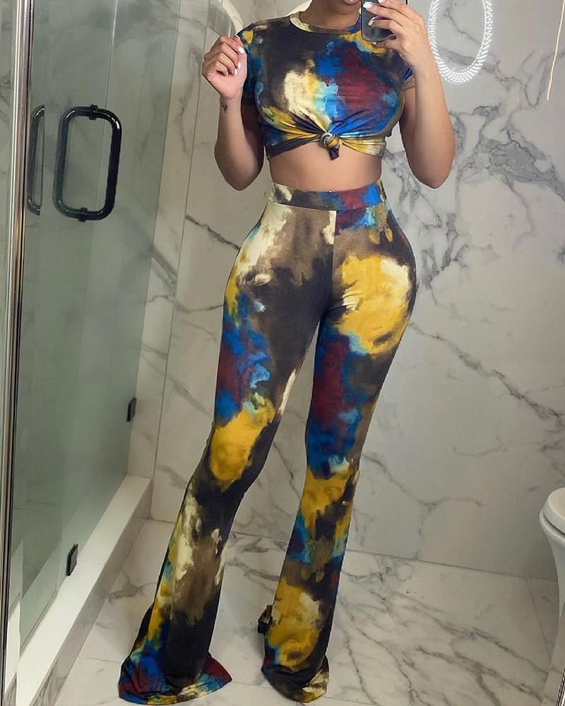 

Women' Two Piece Pants Casual Suit Tie Dye Print Knot Front Crop Top & Flared Leg Skinny Set Fashion