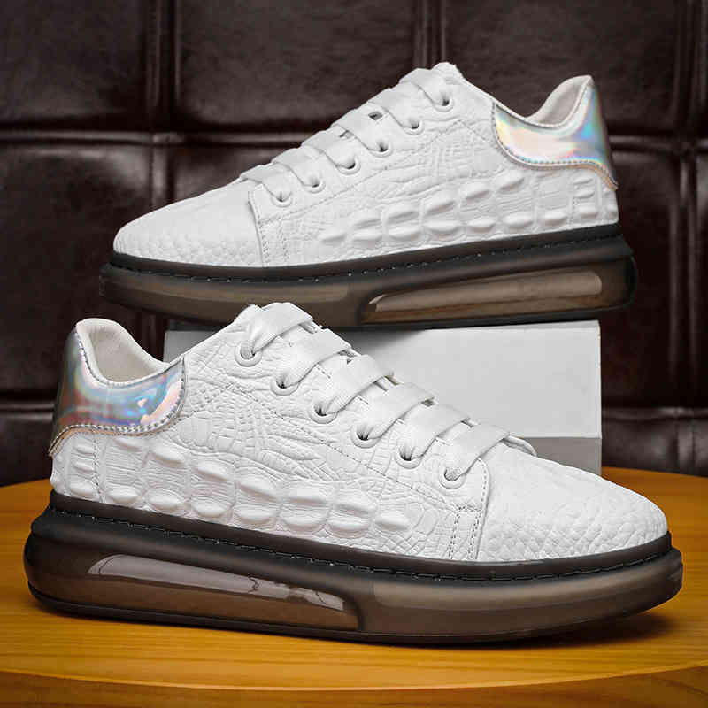 

Thick Soled Small White Shoes, Leather Air Cushion Crocodile Pattern Board Second Generation Fashion Men's, B6550 white