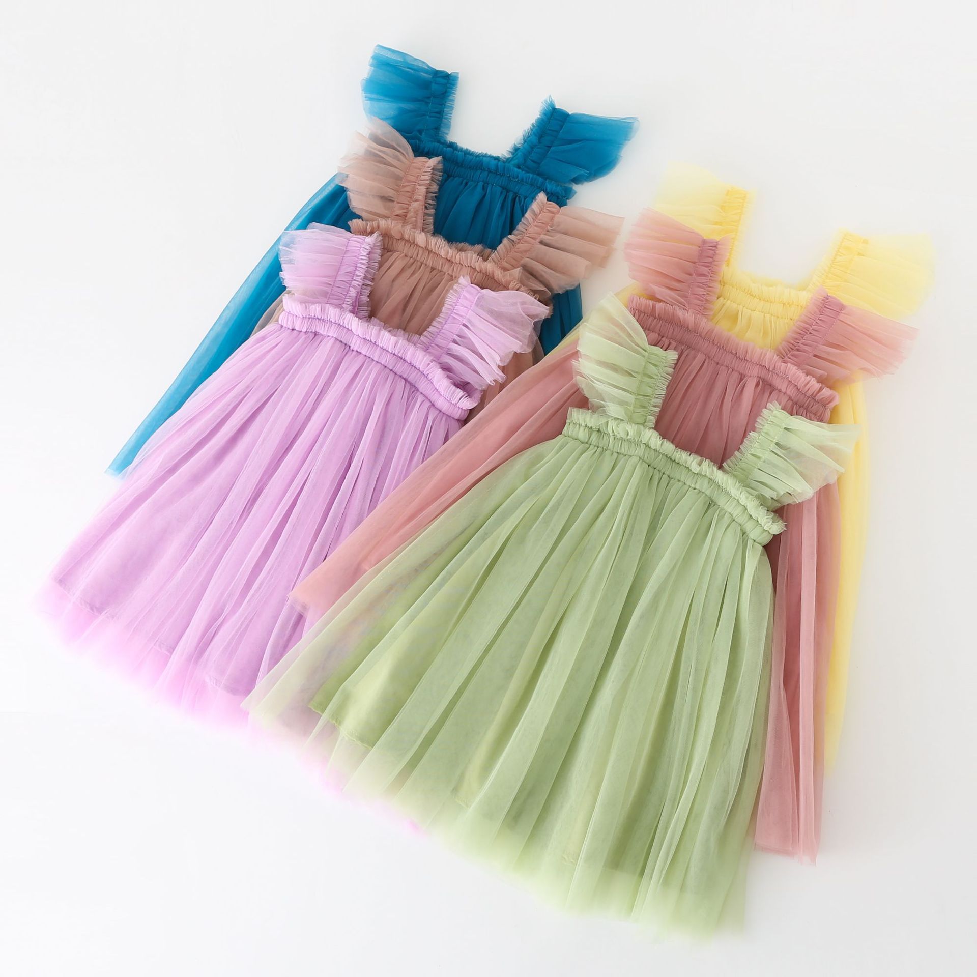 

Kids Designer Clothes Girls Fairy Tulle Gauze Dresses Fly Sleeve Net Halter Dress Pompous Princess Dance Dress Summer Boutique Elegant Ball Gown B7