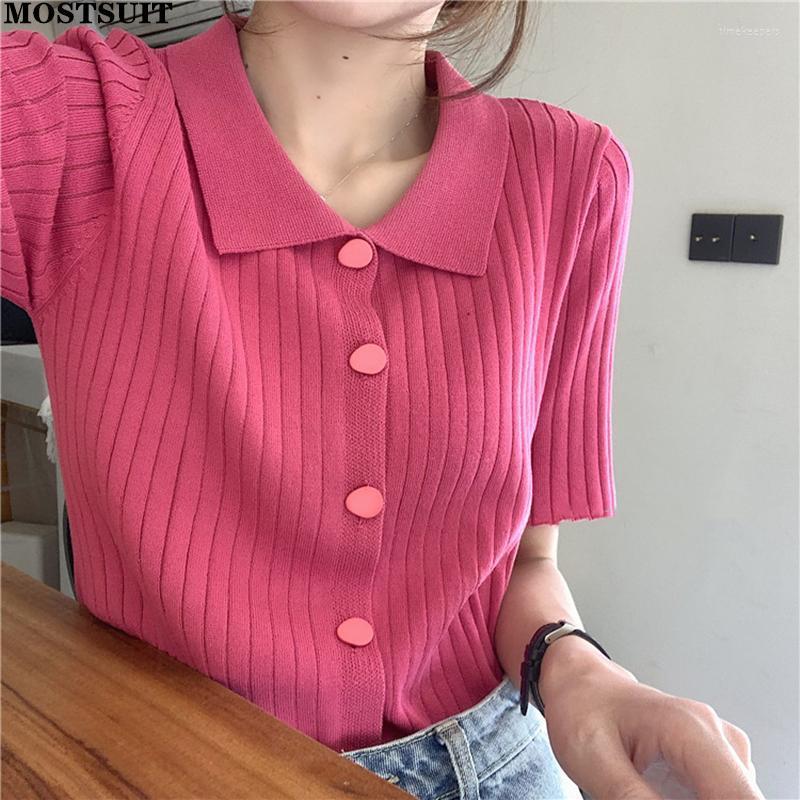 

Women's Knits & Tees Summer Single-breasted Knit Sweater Cardigan Women Koran Fashion Short Sleeve Solid Slim Top Sweaters Ice Silk Ladies C, Black
