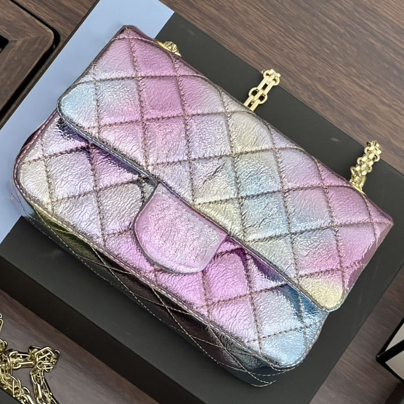 

High-End Women Shiny Designer Bags Colorful Multicolor Leather Flap Mini Shoulder Bag Luxury Contrast Color Gold-Tone Metal Chains Crossbody Bags Womens Handbags, Multi-color 20cm