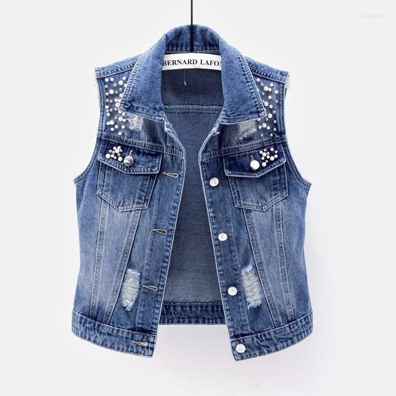 

Women' Vests Plus Size Autumn Denim Vest Women Fashion Lapel Waistcoat Sleeveless Short Jeans Jackets Hole Beaded Slim Coat P108 Luci22, Blue