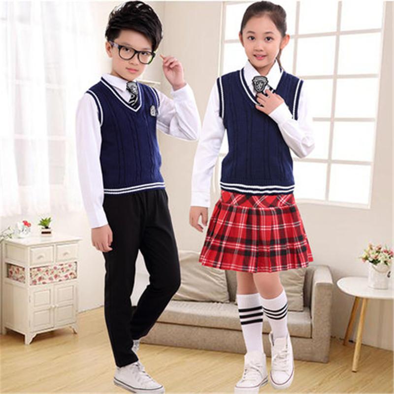 

Clothing Sets Kid Japanese British Style School Uniforms Boy Girl Navy Cotton Plaid Skirt Student Class Outfit Kindergarten Stage SetClothin, Vest