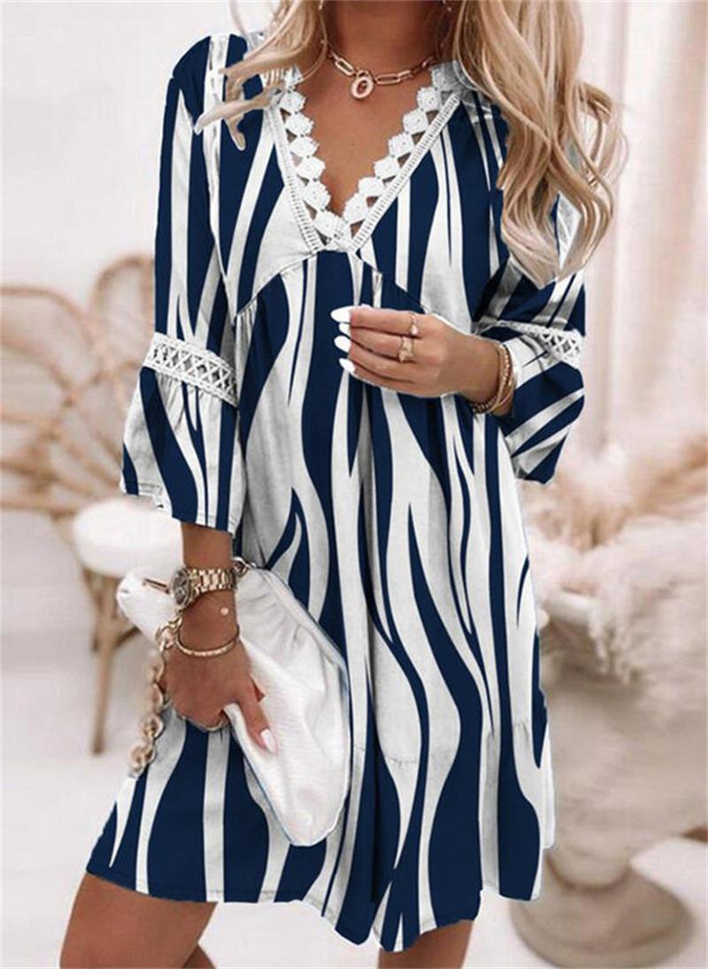 

Party Dresses Fashion Striped Floral Print Dress Elegant Lace Stitched Flare Sleeve Summer SunDresses For 2022 Women Street Casual Mini Dres, Branch