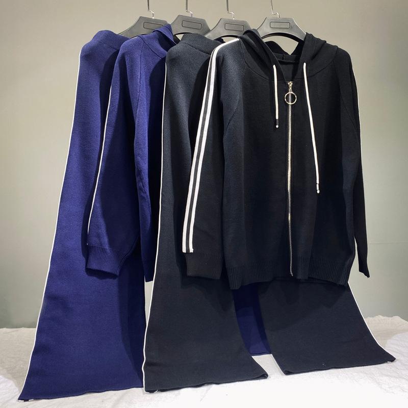 

Women's Knits & Tees Retro Vintage Ladies Dark Blue Wide Leg Pants Female Sportswear Two Piece Set Women Clothing S7755, Black