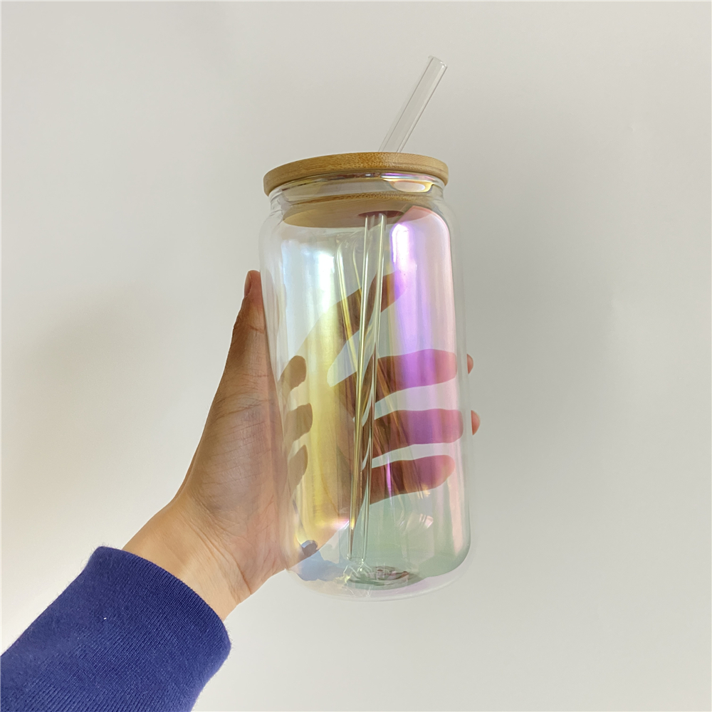 

16oz iridescent glass tumblers with bamboo lid sublimation laser colors clear holographic glasses cola beer can beverage DIY heat transfer cups