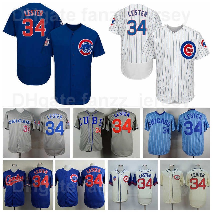 Vintage Baseball 34 Jon Lester Jerseys Retro Cooperstown Flexbase Cool Base Pullover Stitched Pinstripe Team Blue White Grey Beige Color 1929 194