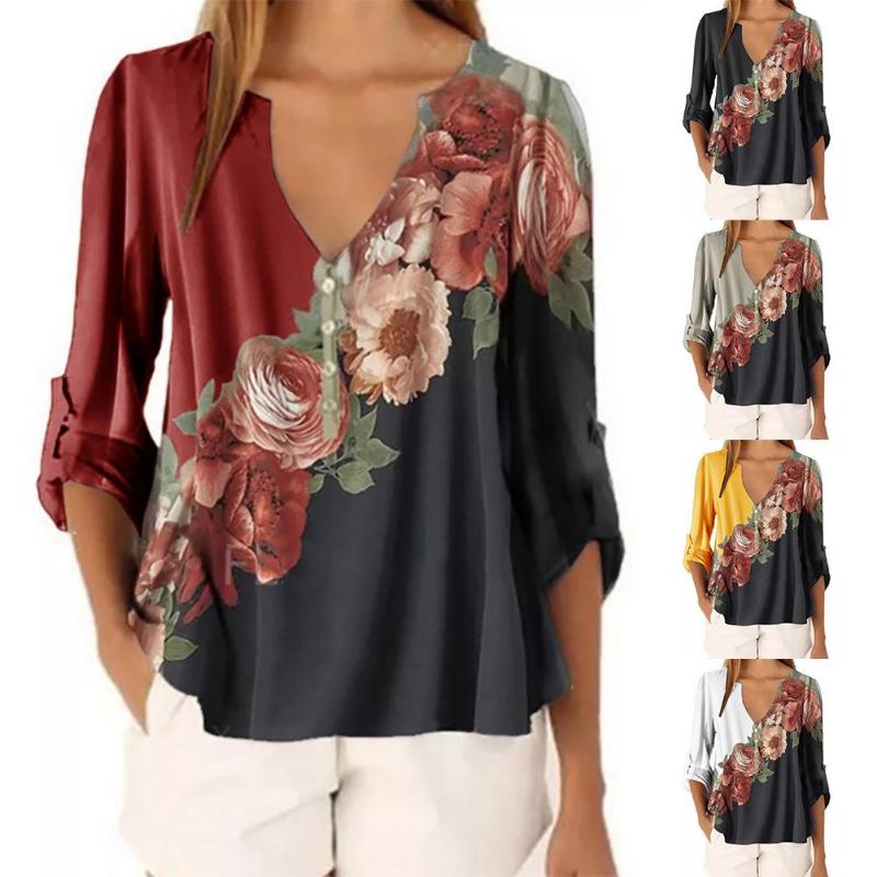 

Women' Blouses & Shirts Blouse Women Fashion Sexy V Neck Flower Print Casual Long Sleeves Top Shirt Plus Size, Black