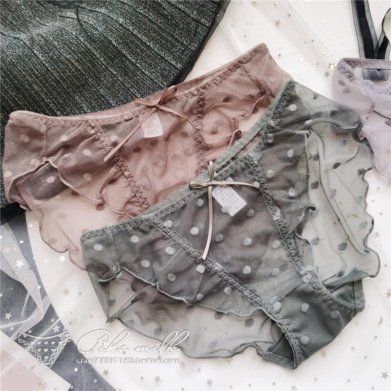 

Womens Sexy Lace Underwear Panties Girly Cute Polka Dot Ruffled Cotton Elastic Thin Translucent Low-waist Women, Purple