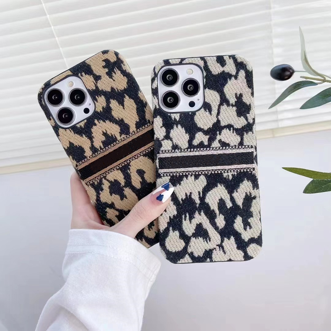 

Fashion Leopard Phone Cases for iPhone 14 13 Pro Max Case 13 12Pro 11 X XR XS XSMAX Shell Luxury Designer Double Layer Cloth Embroidery Logo Animal Mobile Cover, Gift box