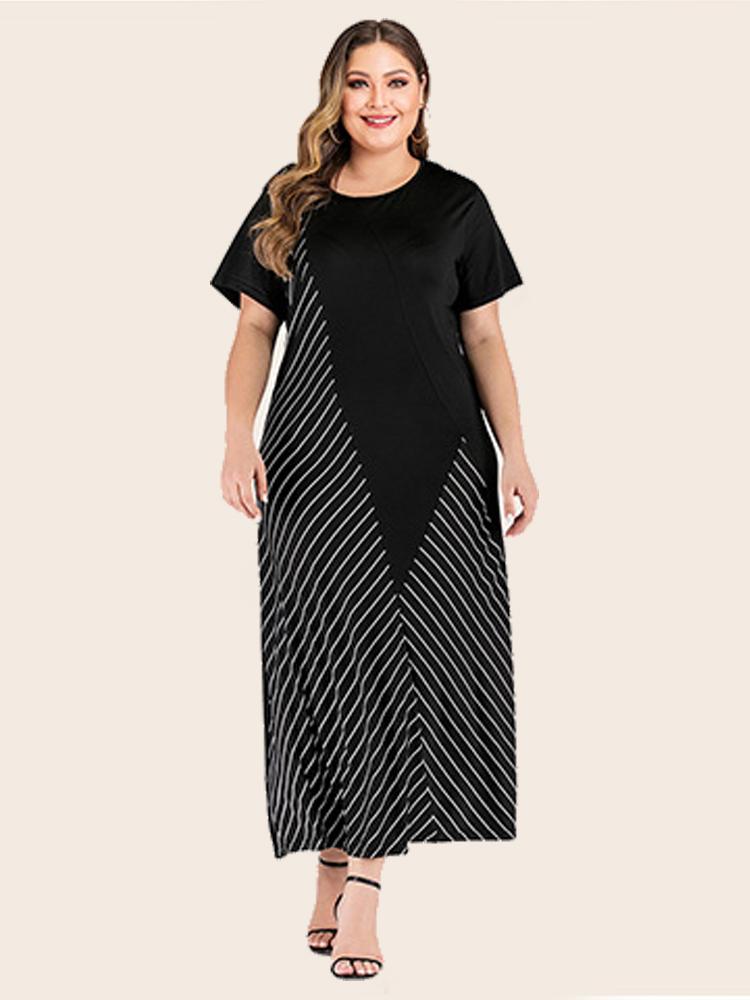

Plus Size Dresses Women Summer Casual Simple Patchwork Striped A-Line Dress Fashion Oversize Short Sleeve Ankle-Length VestidosPlus, Black