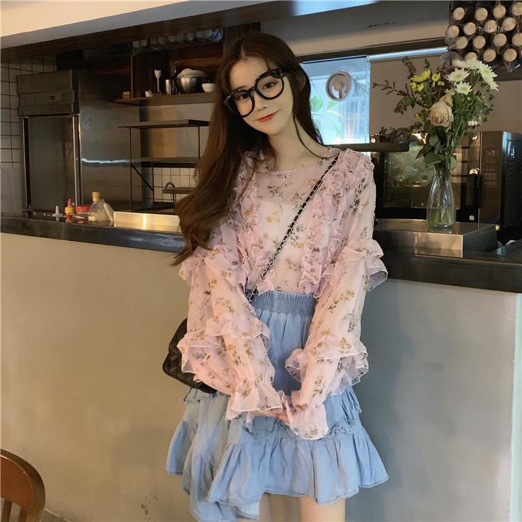 

Spring Autumn Floral Print Thin Chiffon Blouse Female Fashion Brand Sweet Loose Long Sleeve Women's Clothing Blouses & Shirts, Pink