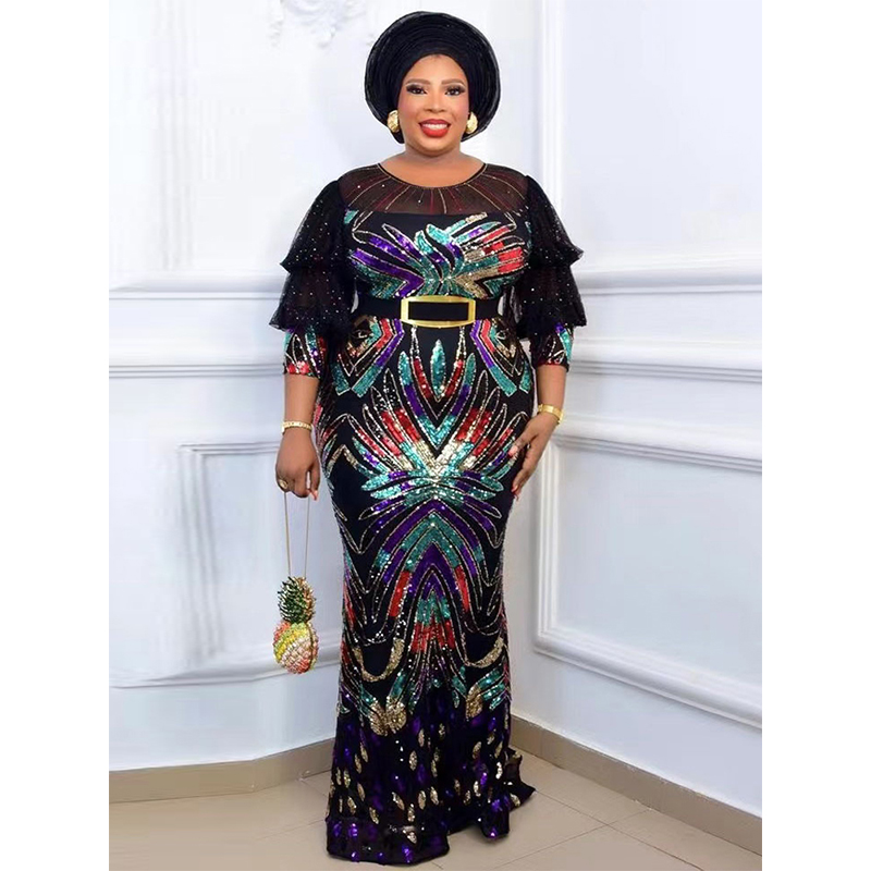 

African Luxury Sequin Dresses Women Sexy Hip Wrap Mermaid Wedding Party Evening Dress Africaine Top Gown Dresses, Black