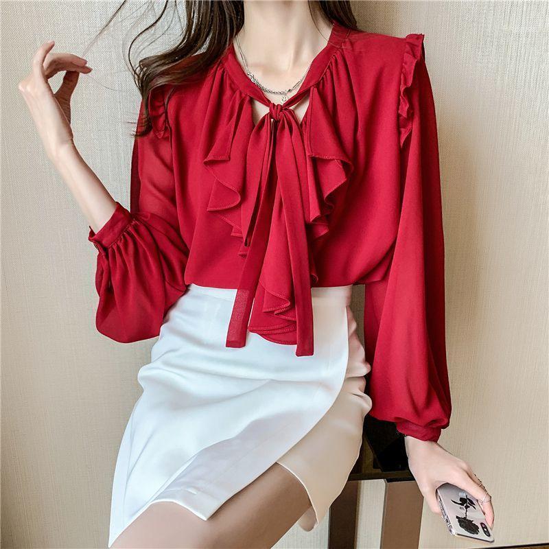 

Women' Blouses & Shirts Blouse Women Autumn 2022 Office Lady Vintage Full Sleeve Chiffon Lantern V-Neck Red Blusas Womens Tops And