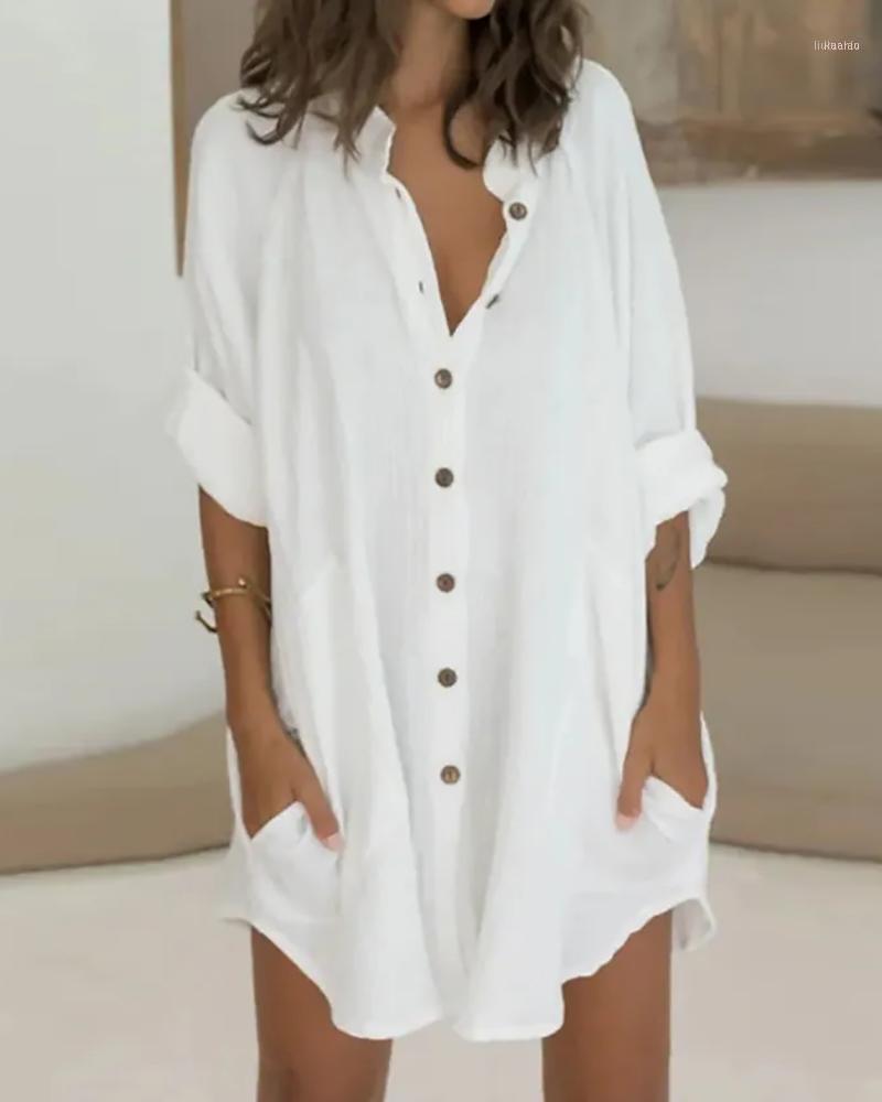 

Women' Blouses & Shirts Summer Women Plain Long Button Front Shirt Femme Pocket Design Boyfriend Style Top Tunics Ladies Casual Blouse 2022, White