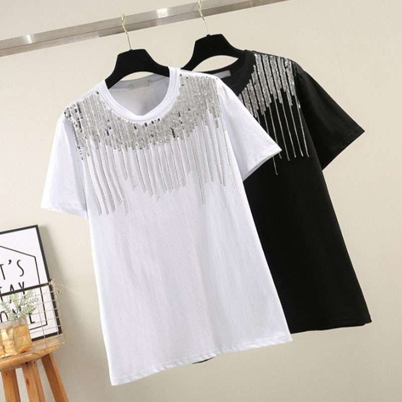 

2022 New Spring Heavy Work Sequins Decor Women T Shirt Black and White Color Round Neck Female Tee Tops 0613