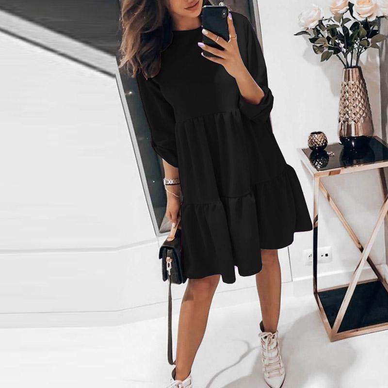 

Casual Dresses 2022 Pleated Loose A-line Skirt Spring Button Adjustment Long-sleeved Mini Dress Simple Daily O Collar All Match, Black
