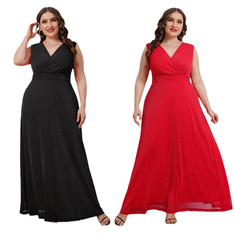 

Plus Size Dresses Summer Women's Sleeveless Long Dress For Party 2022 Deep V-Neck Red Black Elegant Ladies Evening  To 5XLPlus