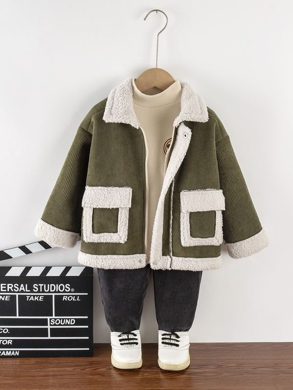 

Toddler Boys 1pc Borg Collar Zip Up Corduroy Coat SHE, Army green