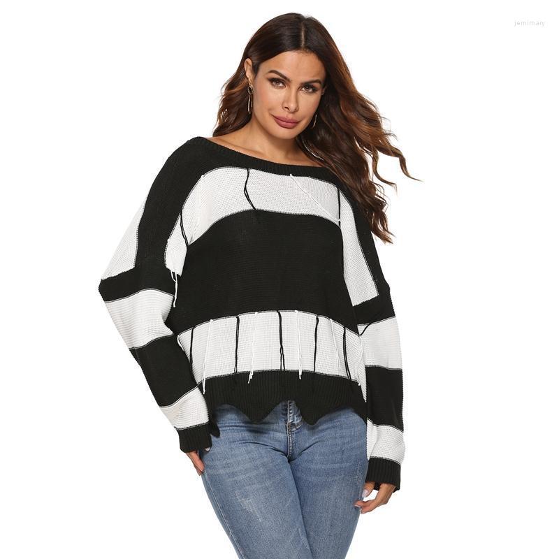 

Women's Sweaters Autumn And Winter Sweater Sexy Backless Black White Striped Stitching Tassel Jemi22