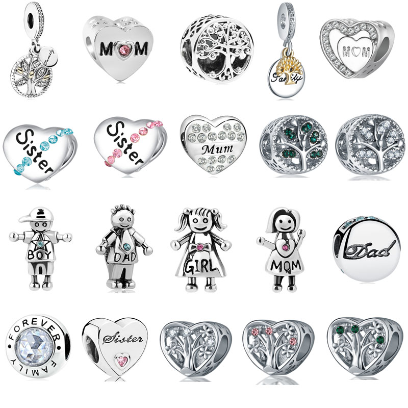 925 Silver Charm perles enrôle MOQ 1PC MOM FAMILALY Tree papa sœur Boy Girl Bead Fit Charms Bracelet Bijoux DIY ACCESSOIRES