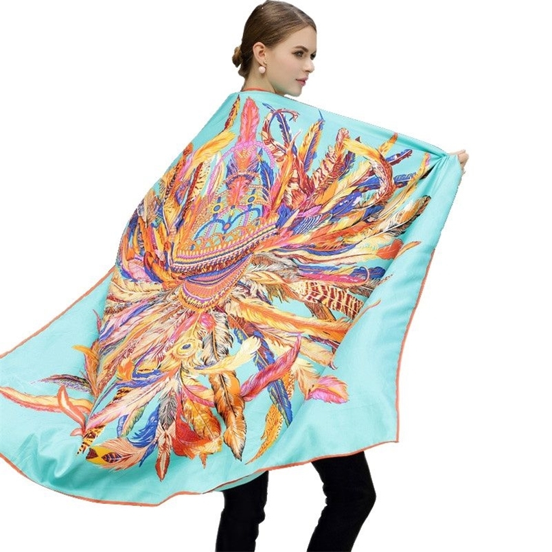 

LESIDA Silk Scarf Women Large Shawls Feather Print Stoles Square Bandana Luxury Brand Kerchief Scarves Female Foulard 1306 220704