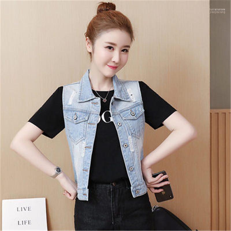 

Women' Vests 2022 Spring Autumn Short Denim Vest Women Korean Frayed Sleeveless Outerwear Lady Slim Vintage Jeans Jackets Plus Size 4XL Luc, White