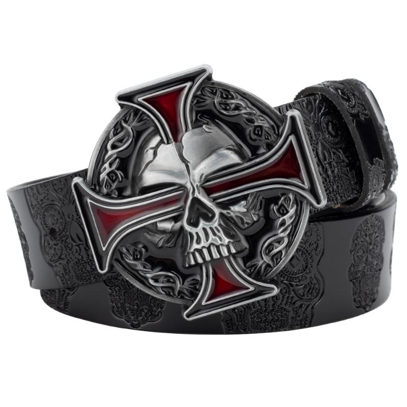 

Belts Skull Leather Belt Embossed Pattern Cowskin Fashion Buckle For Men, Black